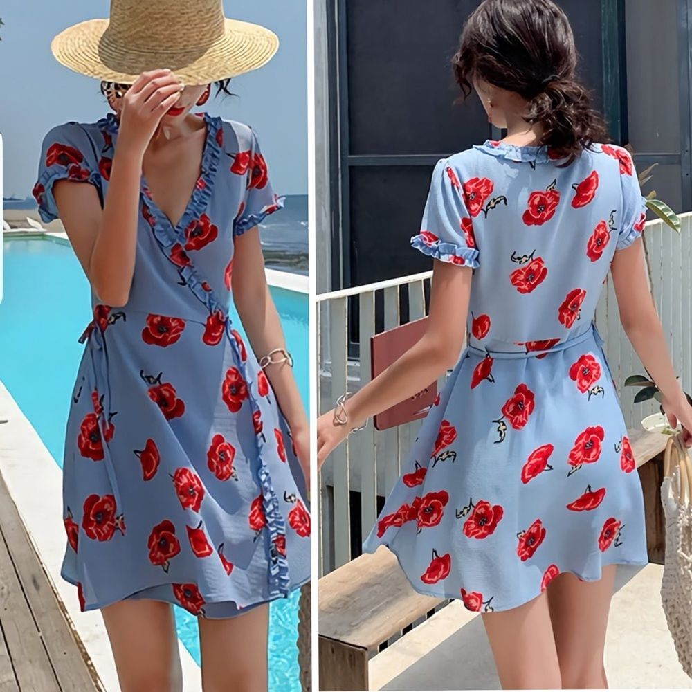 Reformation Garnet Wrap Dress Pelyana V-Neck Floral Print Dress In Blue Ref Sz S - Picture 6 of 16